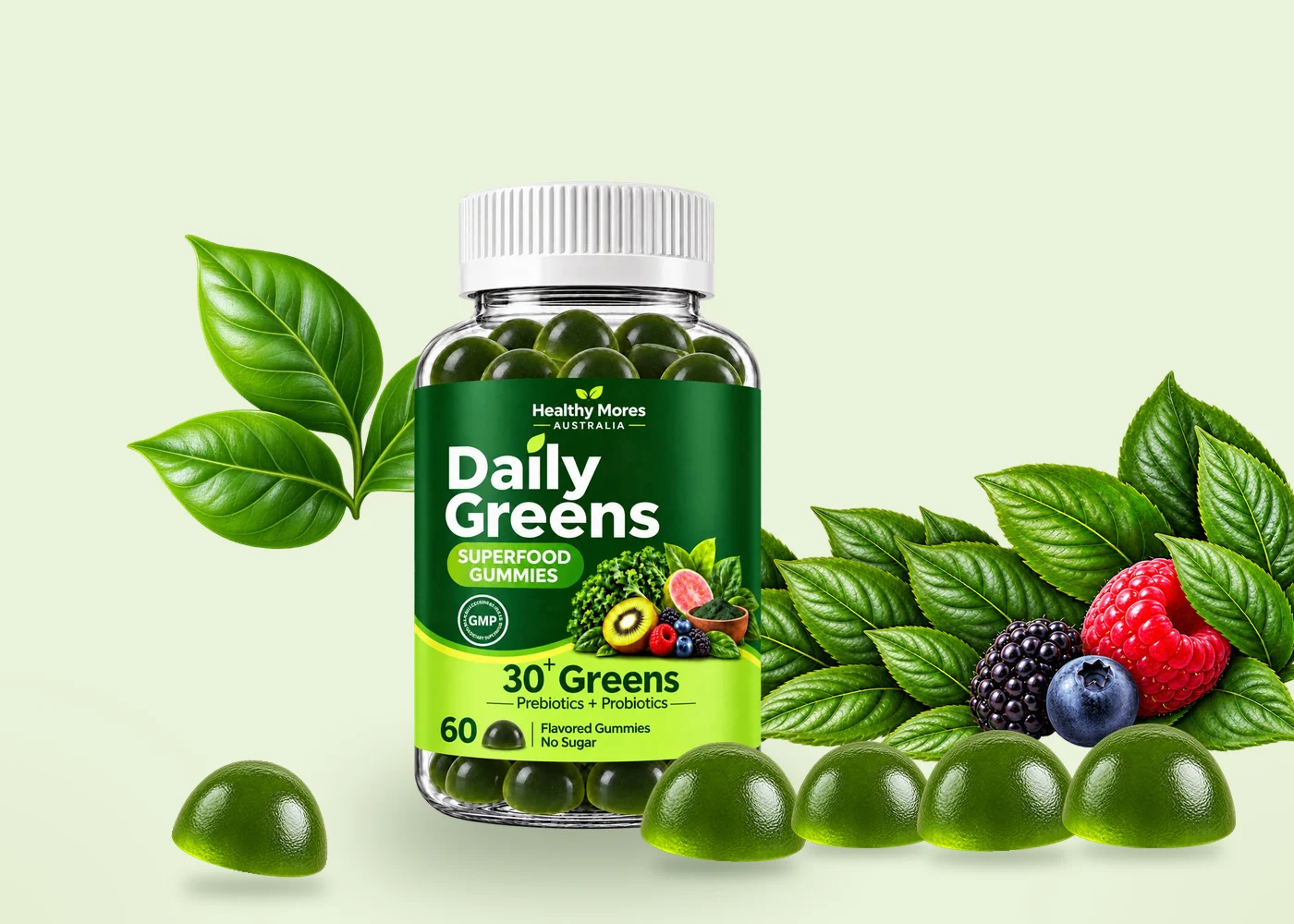 Daily Greens jar with gummies spilled in front, leaves and berries behind