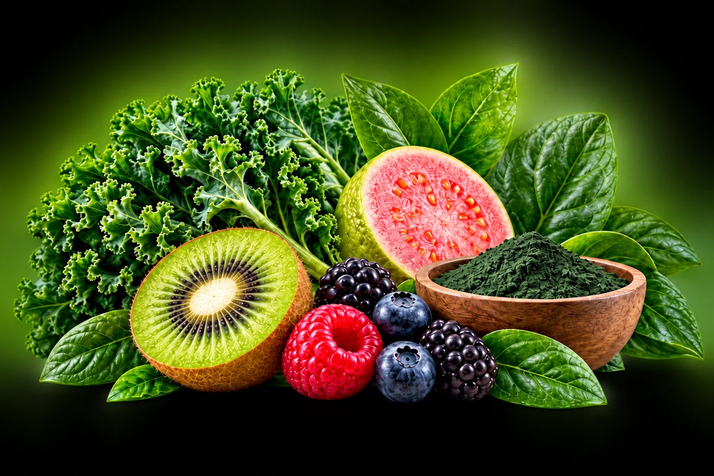 Kale, spinach leaves, kiwi, guava, berries and a bowl of green superfood powder