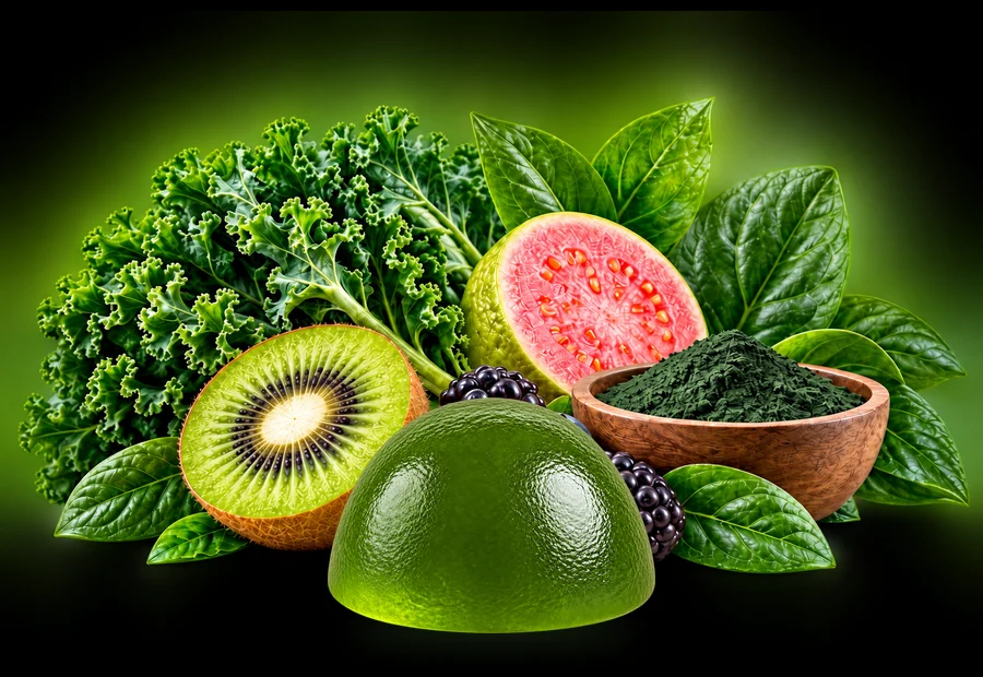 A Daily Greens gummy in front of kale, kiwi, guava, berries and green superfood powder