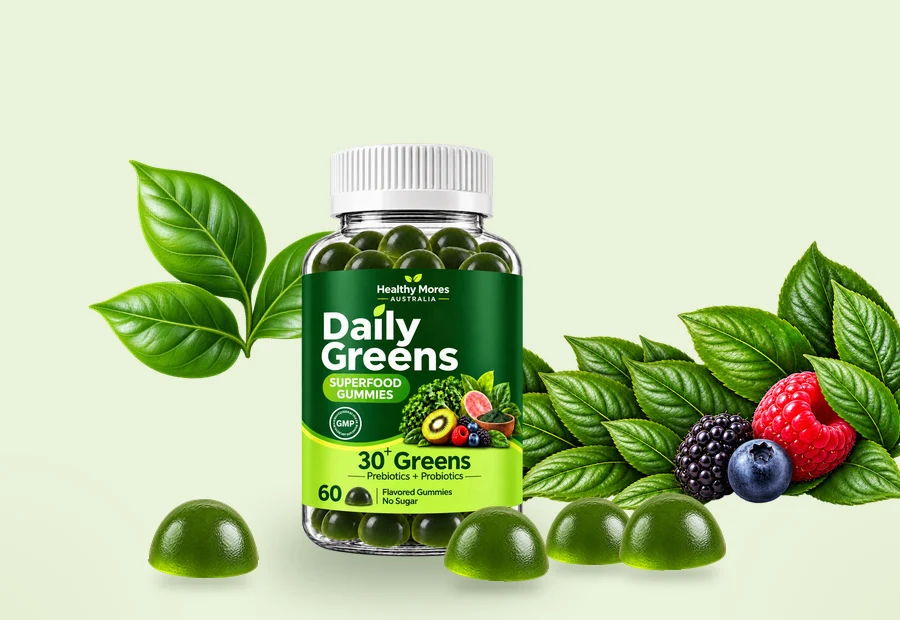 Daily Greens jar with gummies, leaves and berries